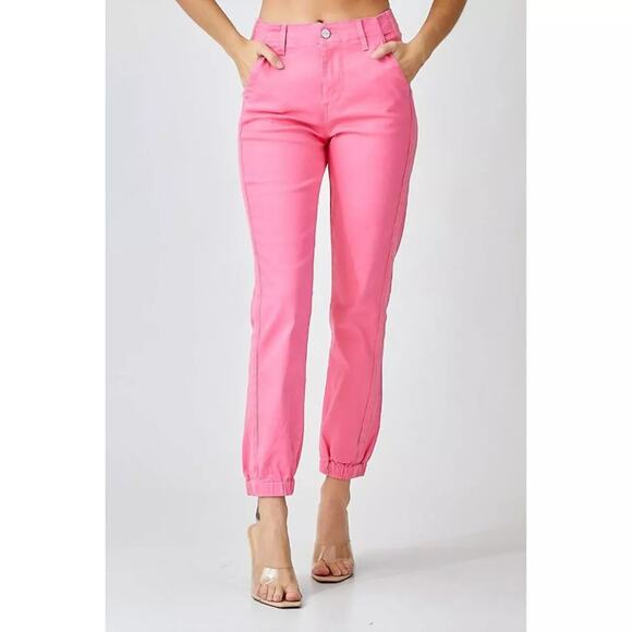 RISEN Pink Denim Style High Waist Rise Joggers Casual NEW Size 5 Waist 27 - Picture 1 of 7